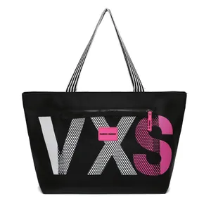 Black large capacity tote bag with VXS print and black and white striped handles