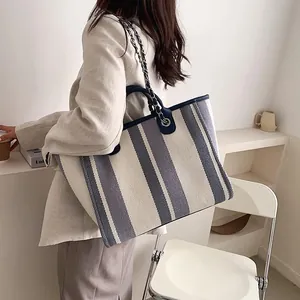 Dettaglio borsa tote in tela a righe con tracolla a catena e manico in pelle blu