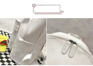 Detailed close-up of premium white PU leather backpack with dual zippers and side pockets