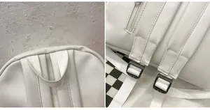 Detail of white PU backpack featuring adjustable straps and a secure back zipper pocket