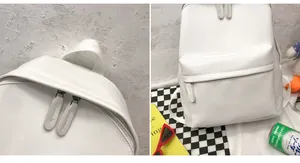 Detailed close-up and full view of a minimalist white PU leather school backpack
