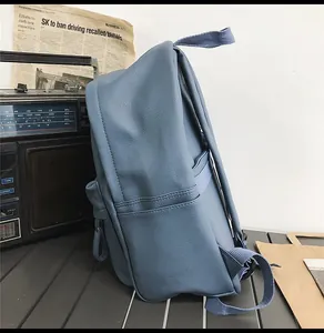 Close-up of Morandi blue lychee pattern PU leather backpack with side pocket and strap