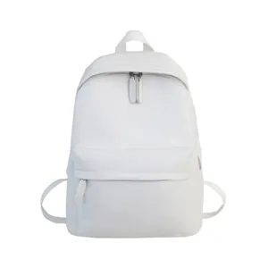 Minimalist white solid PU leather backpack with dual zippers and front pocket for students
