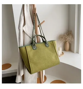 Detalle del bolso tote de lona verde aguacate con correa de cadena y asa de madera