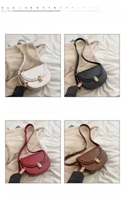 Detail view of stylish PU saddle bags in four colors with gold metal buckles and straps