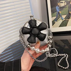 Women's Mini 3D Flower Crossbody Bag PU Leather Kiss-Lock Shell Shoulder Bag With Faux Pearl Metal Chain Strap For Girls