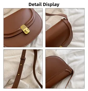 Detail shots of brown PU leather saddle bag showing gold lock and adjustable strap