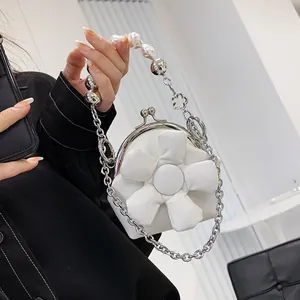 Mini white crossbody bag with 3D flower and pearl handle for girls and women