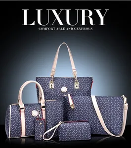 Macro shot of 6-piece navy geometric tote set with premium gold hardware details