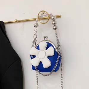Mini crossbody bag for kids with 3D white flower and silver pearl chain strap