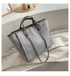 Primer plano del bolso tote de lona gris con textura tejida y correas de cadena
