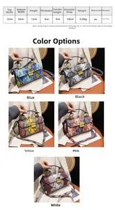 Detailed size specifications and five color variants of snake pattern crossbody bag