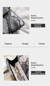 Close-up of snake skin texture with precise stitching and a smooth golden metal zipper