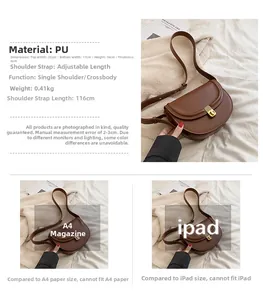 Detailed view of brown PU saddle bag with gold hardware lock and adjustable shoulder strap