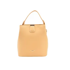 Fashion beige leather bucket handbag with gold lettering and top handle on white background