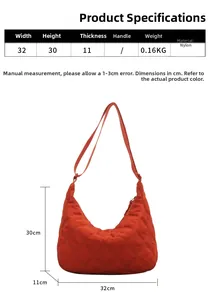 Detaillierte Maße der orangefarbenen gesteppten Nylon-Umhängetasche mit 32x30x11cm Angabe