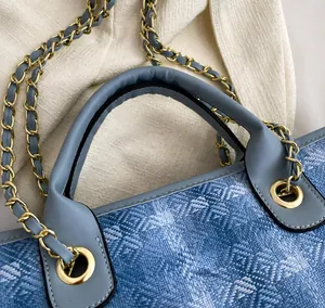 Detailed macro of light blue woven texture handbag with golden chain strap and round handle
