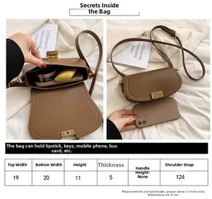 Detailed size chart for vintage brown saddle bag showing interior space and measurements