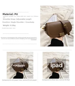 Detailed size chart for the brown PU leather saddle bag showing precise dimensions and strap