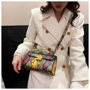 Detail of colorful python print crossbody bag with gold square clasp and chain strap