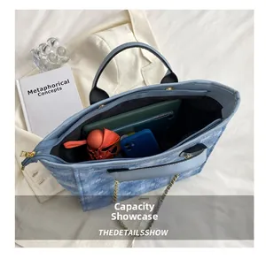 Capacity display of large blue denim texture tote bag with organized daily essentials