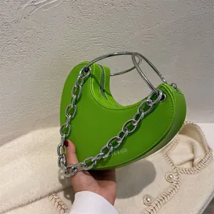 Fashion Heart Shaped Underarm Bag For Women PU Leather Leopard Print Thick Silver Chain Shoulder Bag Cool Girl Handbag