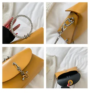 Detailed views of yellow jelly bag featuring rhinestone ring handle and silver hardware