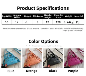 Size chart and dimensions for mini PU leather handbags in blue orange black and purple