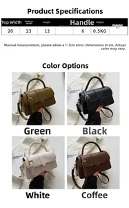 Size chart showing PU leather handbag dimensions and four available color options