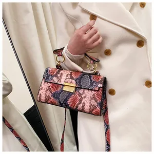 Detail of snake print crossbody bag featuring gold circular handle and metallic clasp