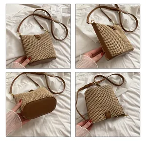 Detail shots of straw bucket bag featuring brown leather trim and adjustable shoulder strap