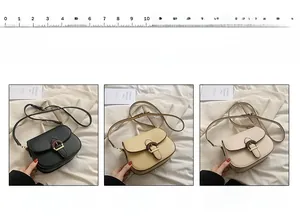 Three minimalist saddle bags in black, yellow and khaki shown with size scale tool