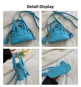 Detailed views of sky blue mini crossbody bag with drawstring closure and metal studs