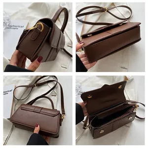 Detailed four-angle views of brown structured handbag showing internal layers and hardware