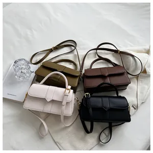 Minimalist flap handbags in four colors displayed on a white fabric background