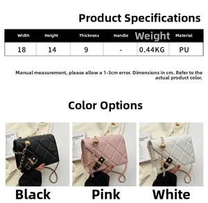 Quilted small square bag size chart with width 18cm height 14cm and adjustable chain strap