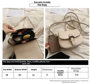 Detailed size chart and internal capacity view of the beige saddle crossbody bag