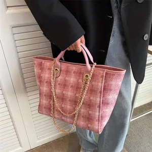 Women Large Capacity Woven Fabric Plaid Tote Bag With Chain Strap PU Leather Handle Minimalist Commute Bucket Shoulder Bag
