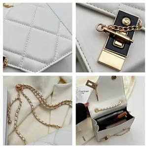 Detail shots of white quilted crossbody bag showing gold S-lock, chain strap, and interior