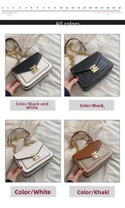 Detalle de cuatro bolsos de hombro con cadena y cierres cuadrados dorados de moda