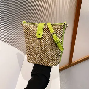 Womens Straw Bucket Bag Summer Casual Woven Crossbody Bag PU Leather Patchwork Handbag Fashion Travel Shoulder Bag