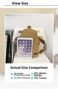Détail d'un sac bandoulière en toile kaki montrant la capacité avec un iPad