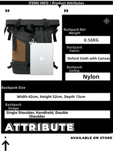 Confronto dimensioni di uno zaino roll-top accanto a un iPad con misure 42x52x15cm