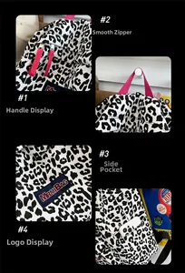 Détails du sac à dos en toile imprimé léopard avec zips roses et poches latérales