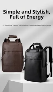 Detail of premium PU leather texture on large capacity business backpacks in brown and black