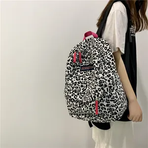 Sac à Dos en Toile Harajuku Imprimé Léopard Vache pour Femmes Étudiants de Lycée Université Mode Décontracté Sac d'École de Voyage