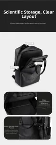 Detail view of large capacity black business laptop backpack with organized compartments