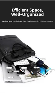 Detail of a black leather business backpack interior holding a 15.6-inch laptop and gear