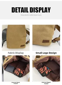 Détails du sac en toile marron avec étiquette en cuir NANA et poche intérieure zippée