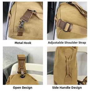 Détails du sac en toile kaki avec bandoulière réglable et ferrures métalliques robustes